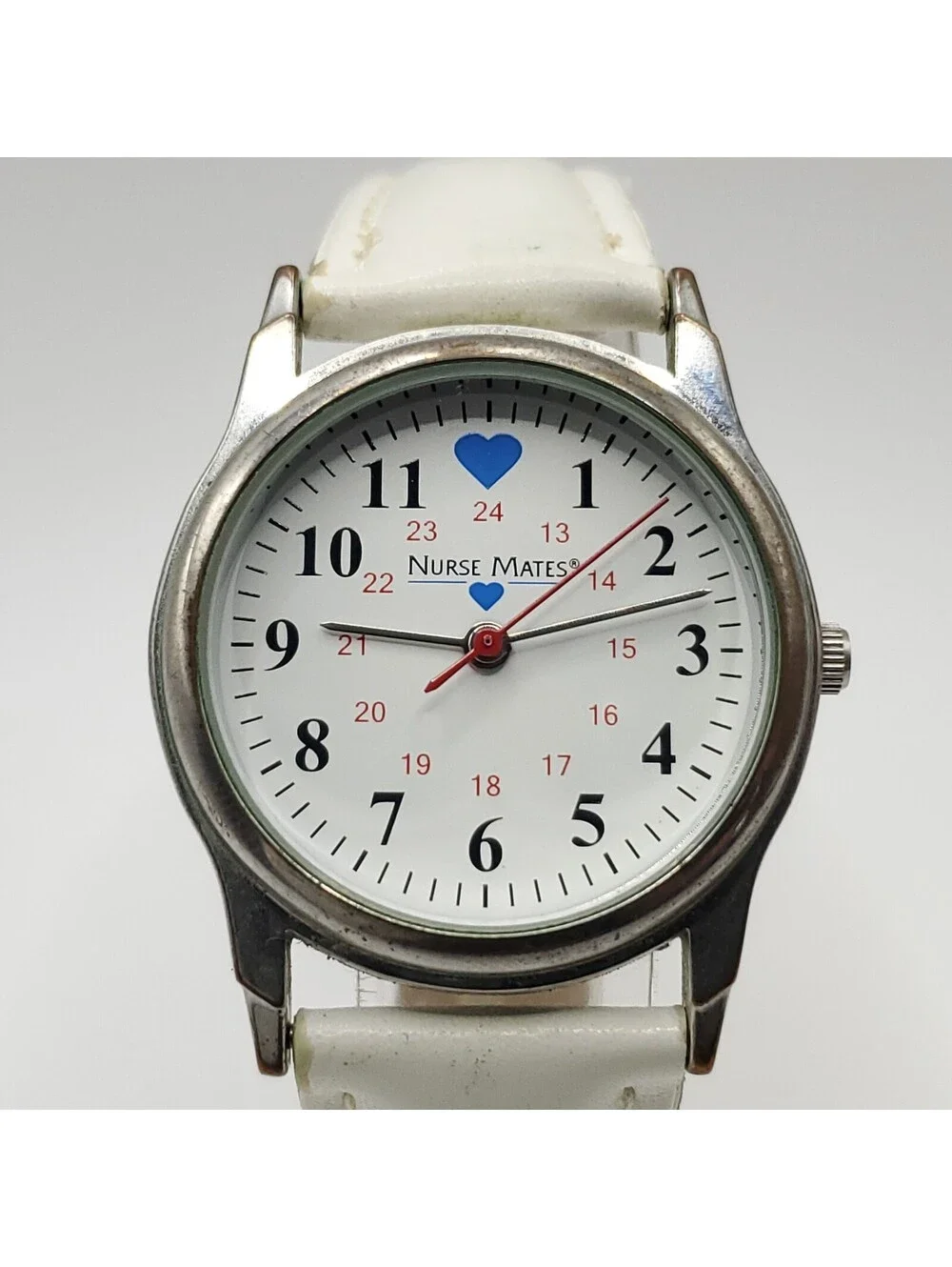 Nurse Mates White 24hr Dial 31mm Quartz Womens White Leather Band New Battery